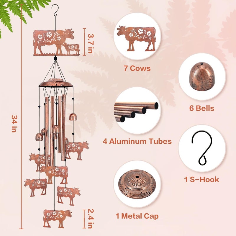 EZTZEN Cow Wind Chimes Outdoor Cow Gifts for Women/Men/Mom/Wife/Grandma Birthday Gifts Memorial Gift Metal WindChimes for Outside/Indoors, Lawn, Patio, Home, Porch, Yard Decor, Garden Decorations - Image 5